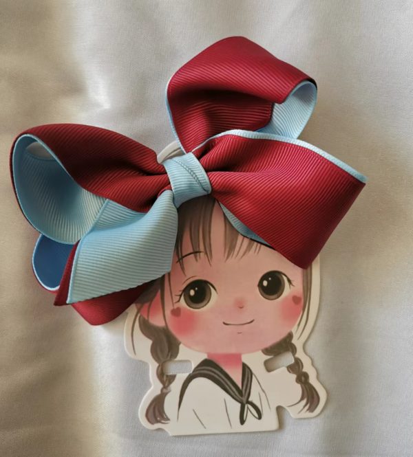 Two tone inside-out hair bow clip/elastic - Light blue/Burgundy - Image 4