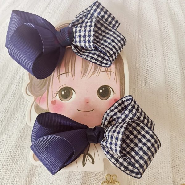 High quality handmade navy check Hair bow clips